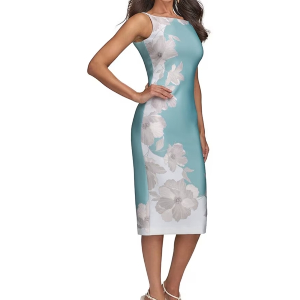 Donna Karan Blue Sheath Midi Dress Bateau Neckline
